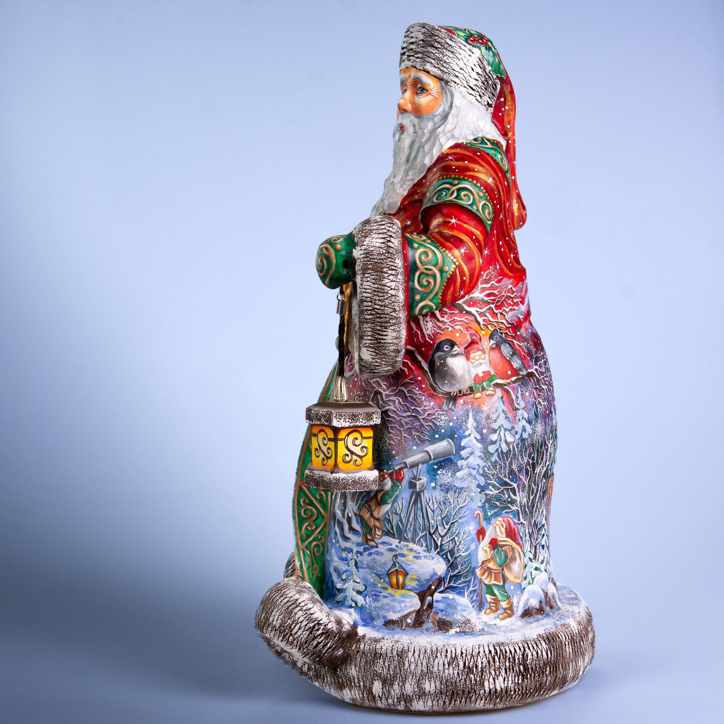 Hand Carved Santa Claus Figurine: Wooden Gnome Winter Scene, Painted Christmas Decor