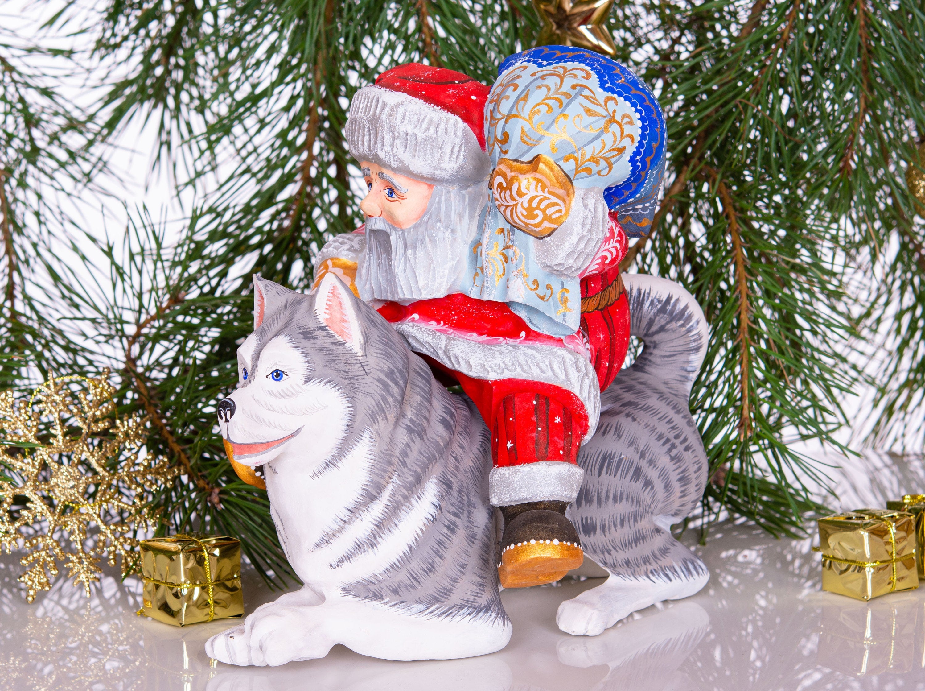 Hand-Carved Santa Claus Figurine on Dog: Retro Christmas Decor