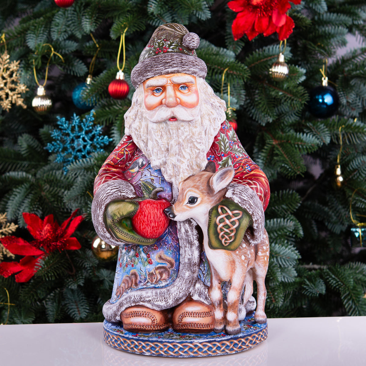 Hand carved Santa 14 inch solid wood statue, woodland animal scene