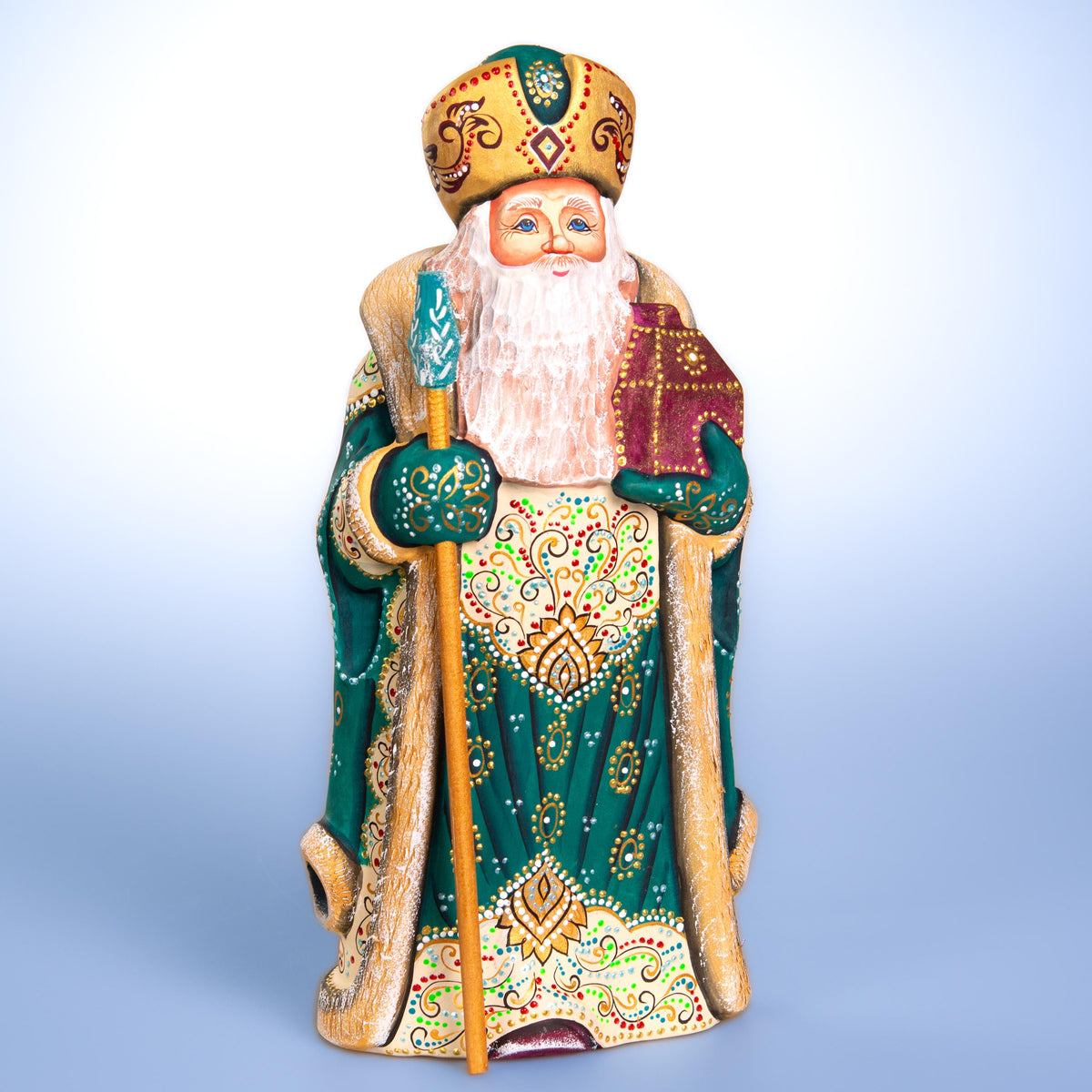 Kris Kringle Santa figurine 12 inch, emerald coat mantel display