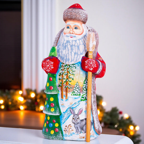 Collectible woodland Santa wood figure 8 inch, bunny by tree, cabin Christmas display