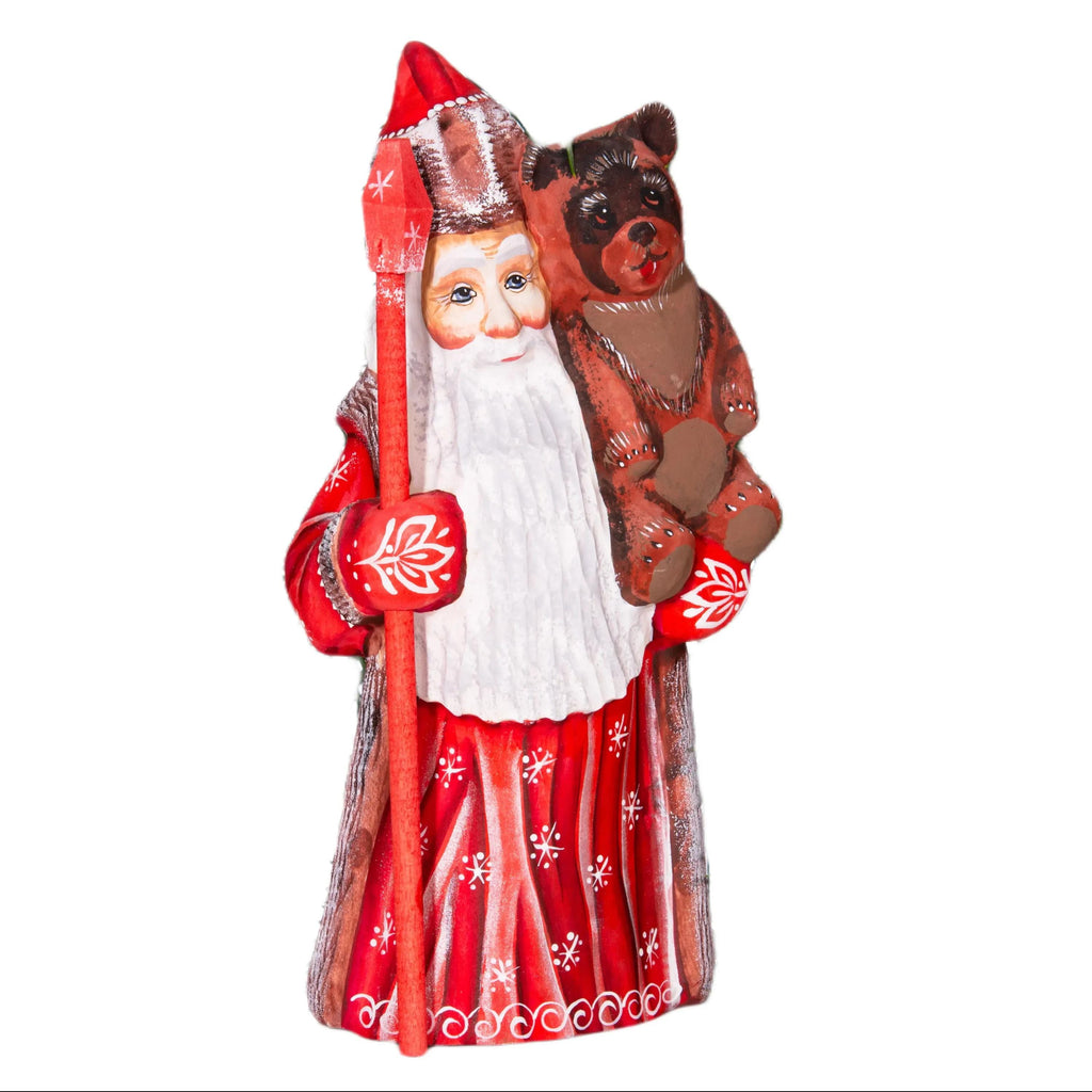 Hand carved wooden Santa figurine 8.5 inch, holding bear, holiday shelf decor
