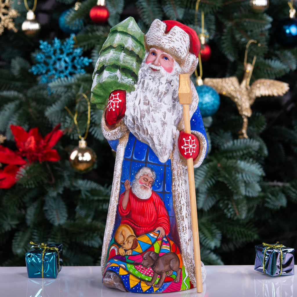 Hand-Carved Wooden Santa Claus Figurine: Christmas Holiday Decor