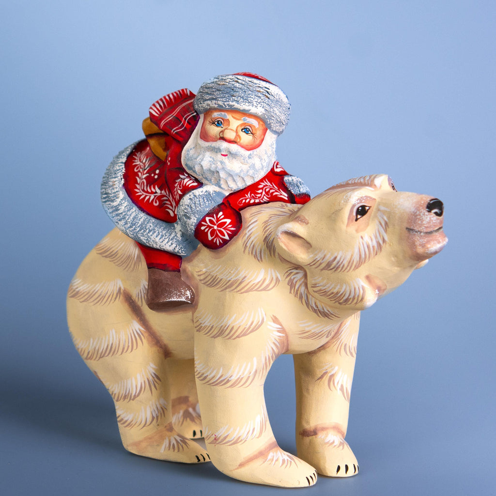 Hand-Carved Wooden Santa Riding Bear Figurine: Christmas Holiday Decor