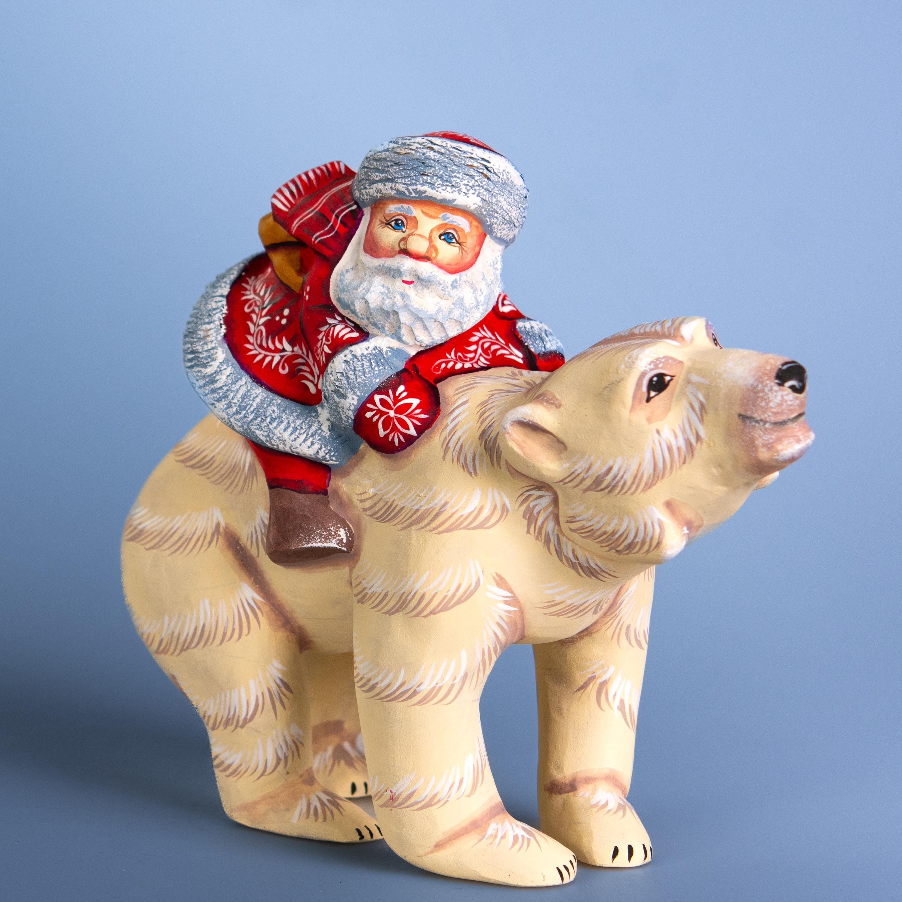 Hand-Carved Wooden Santa Riding Bear Figurine: Christmas Holiday Decor