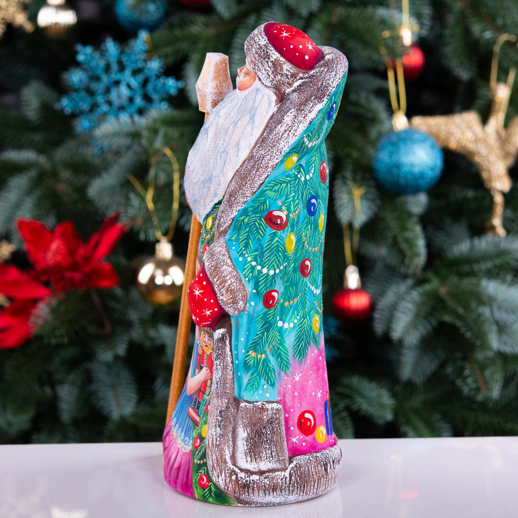 Santa figurine with staff, girl holding nutcracker, hand painted, 9.4 inch