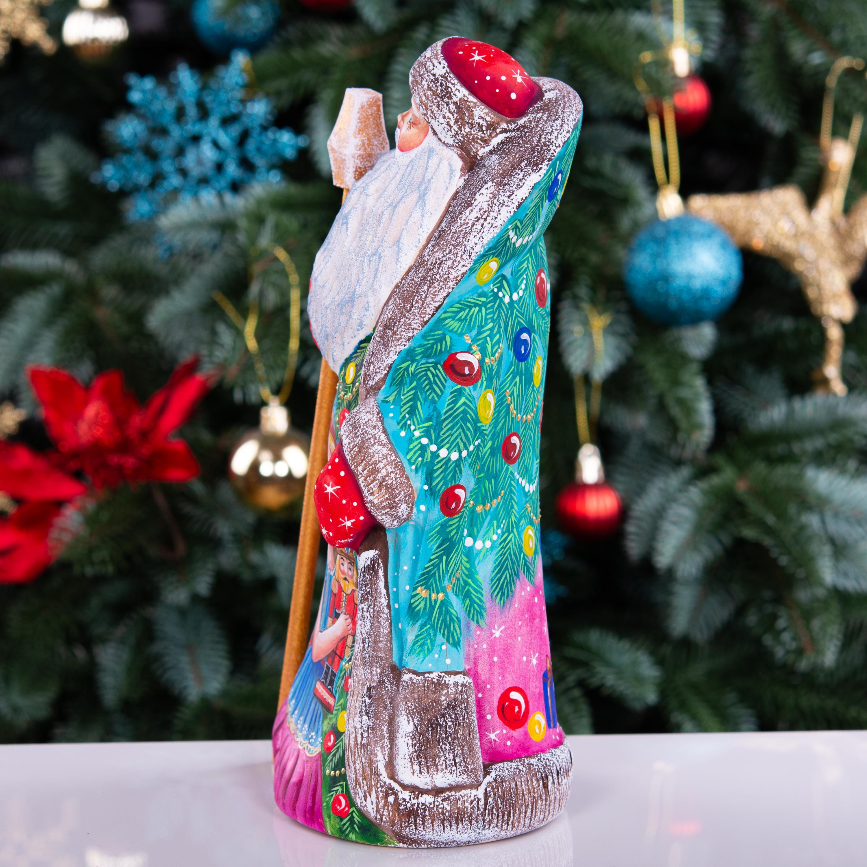 Santa figurine with staff, girl holding nutcracker, hand painted, 9.4 inch