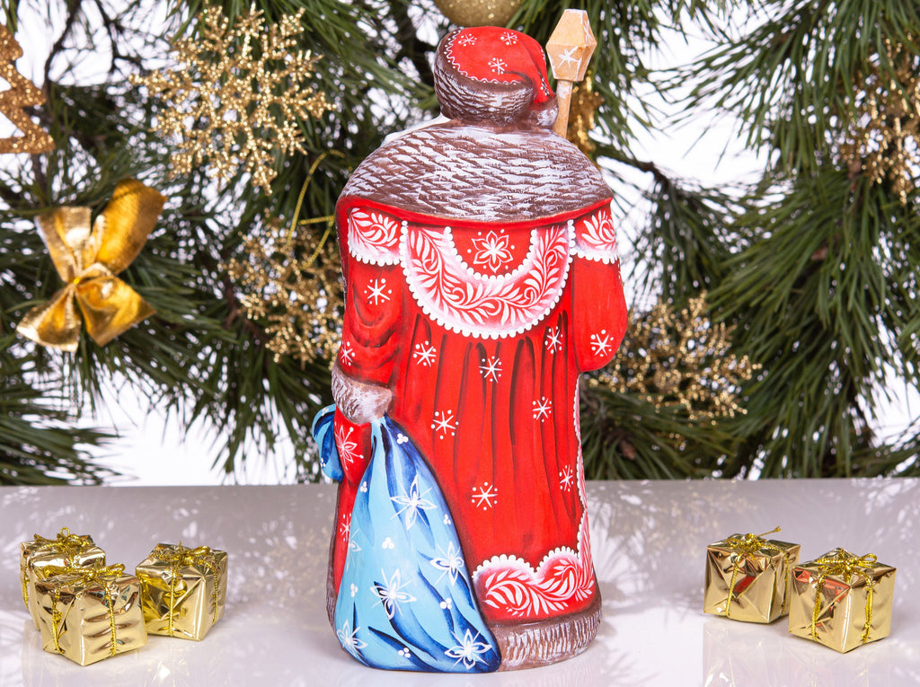 Hand Carved Wood Santa Figurine 9 inch: Child, Dog, Winter Scene