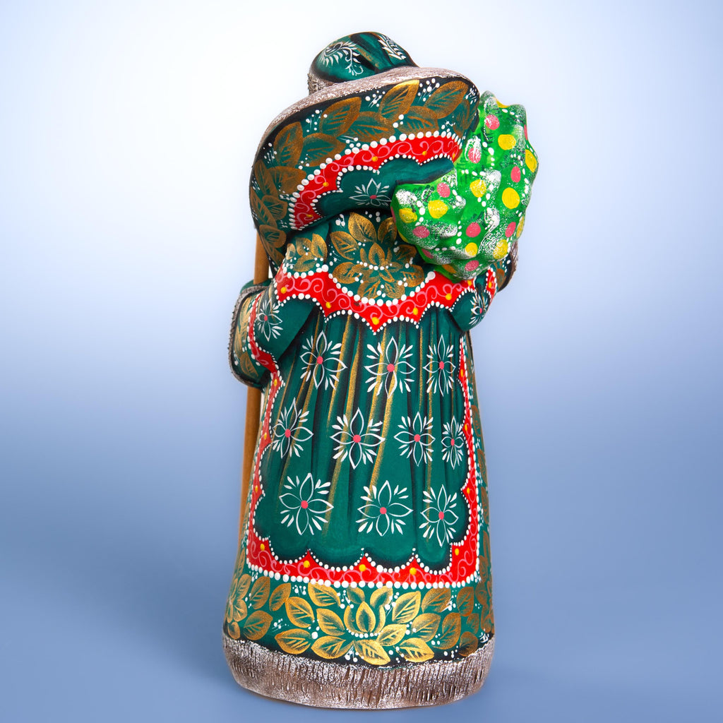 Old World Santa figurine 10.2 inch, carved wood, emerald coat, holiday shelf decor