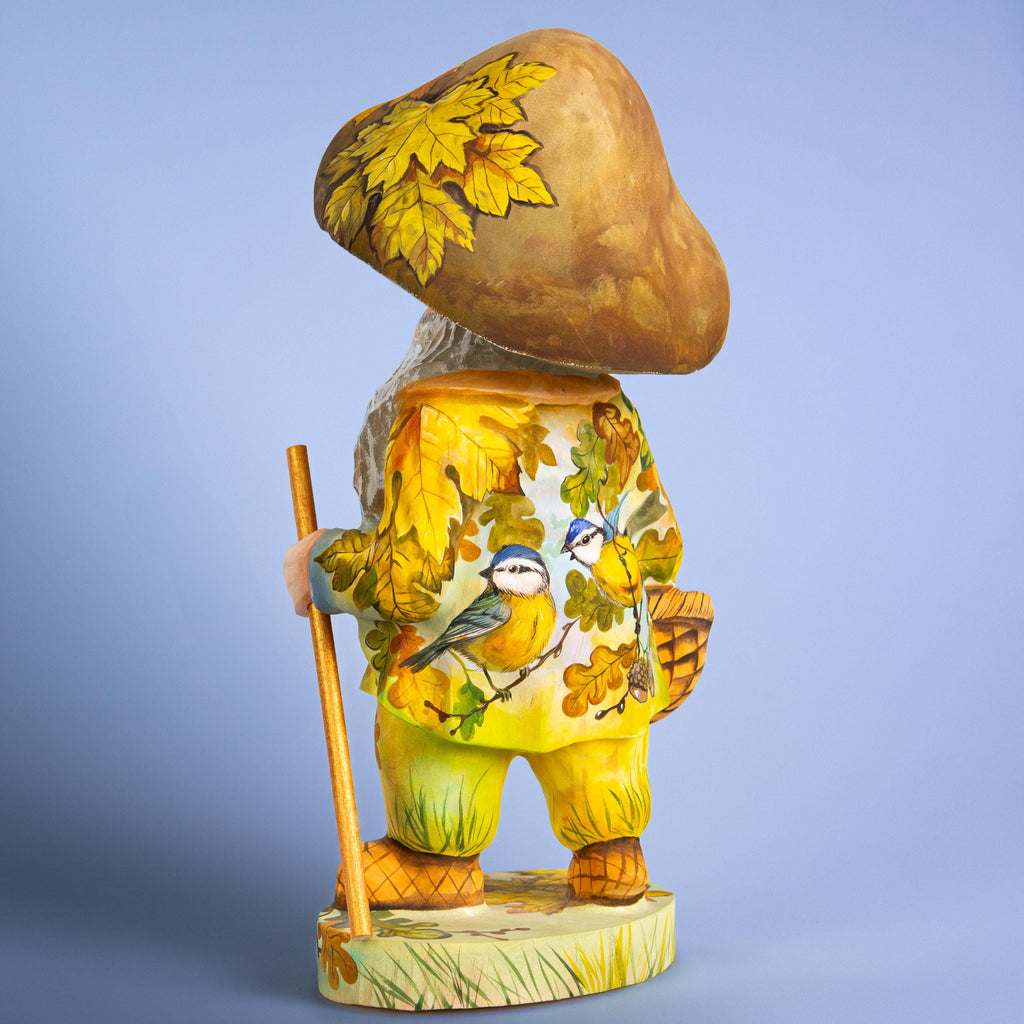 Mushroom gnome wood carving 11 inch, oak leaves, tabletop decor