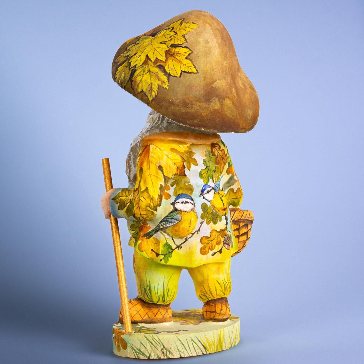 Mushroom gnome wood carving 11 inch, oak leaves, tabletop decor