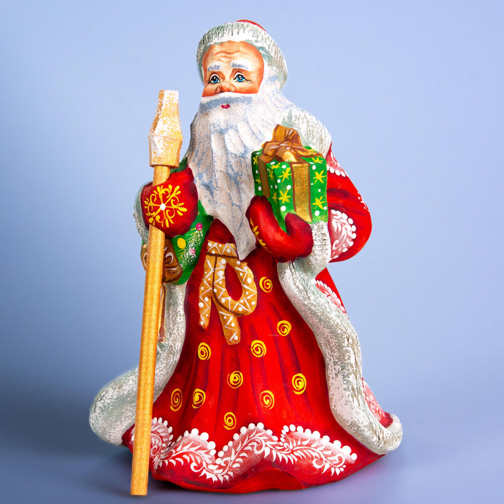 Father Christmas wooden figurine 7 inch, gift in hand, tabletop centerpiece, folk art