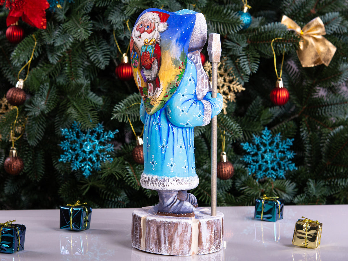 Hand carved Santa wooden statue 11 inch, folk art backpack scene