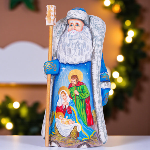 Santa figurine with staff, carved wood, Holy Family art, 9.1 inch
