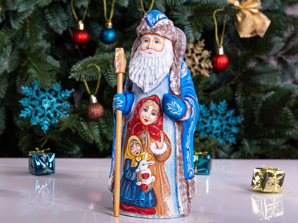 Wooden Santa figurine 9.1 inch, hand painted child scene, collectible Christmas mantel shelf decor