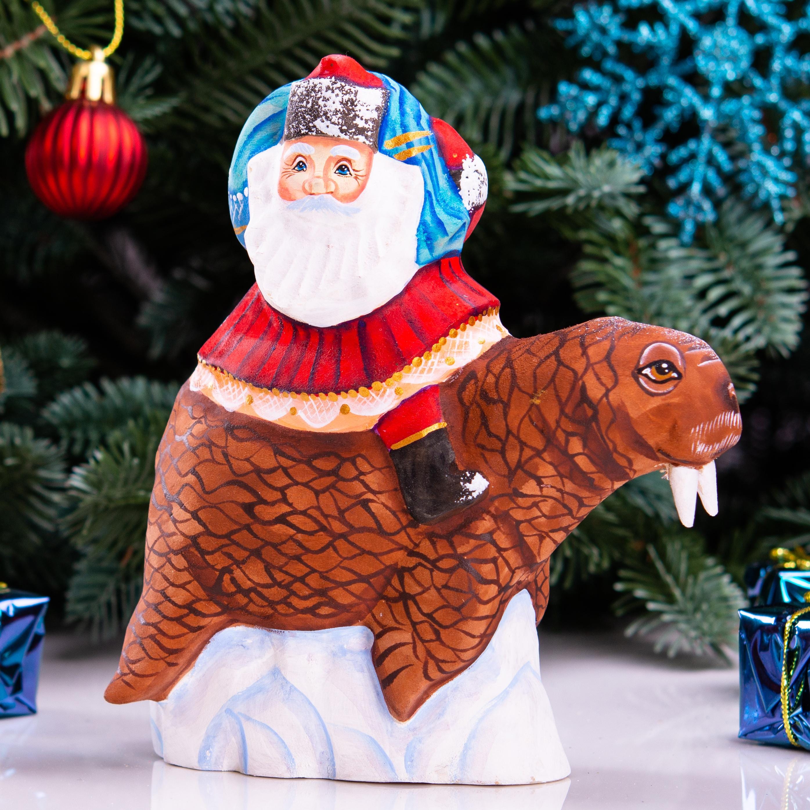 Old World Santa wooden figurine 5.9 inch, walrus arctic scene display