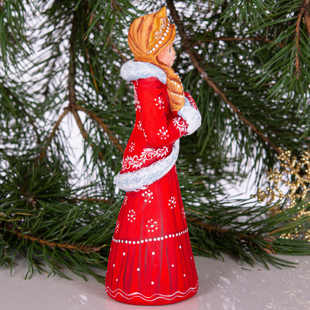 Hand Carved Snow Maiden Figurine: Red Coat Slavic Christmas Decor