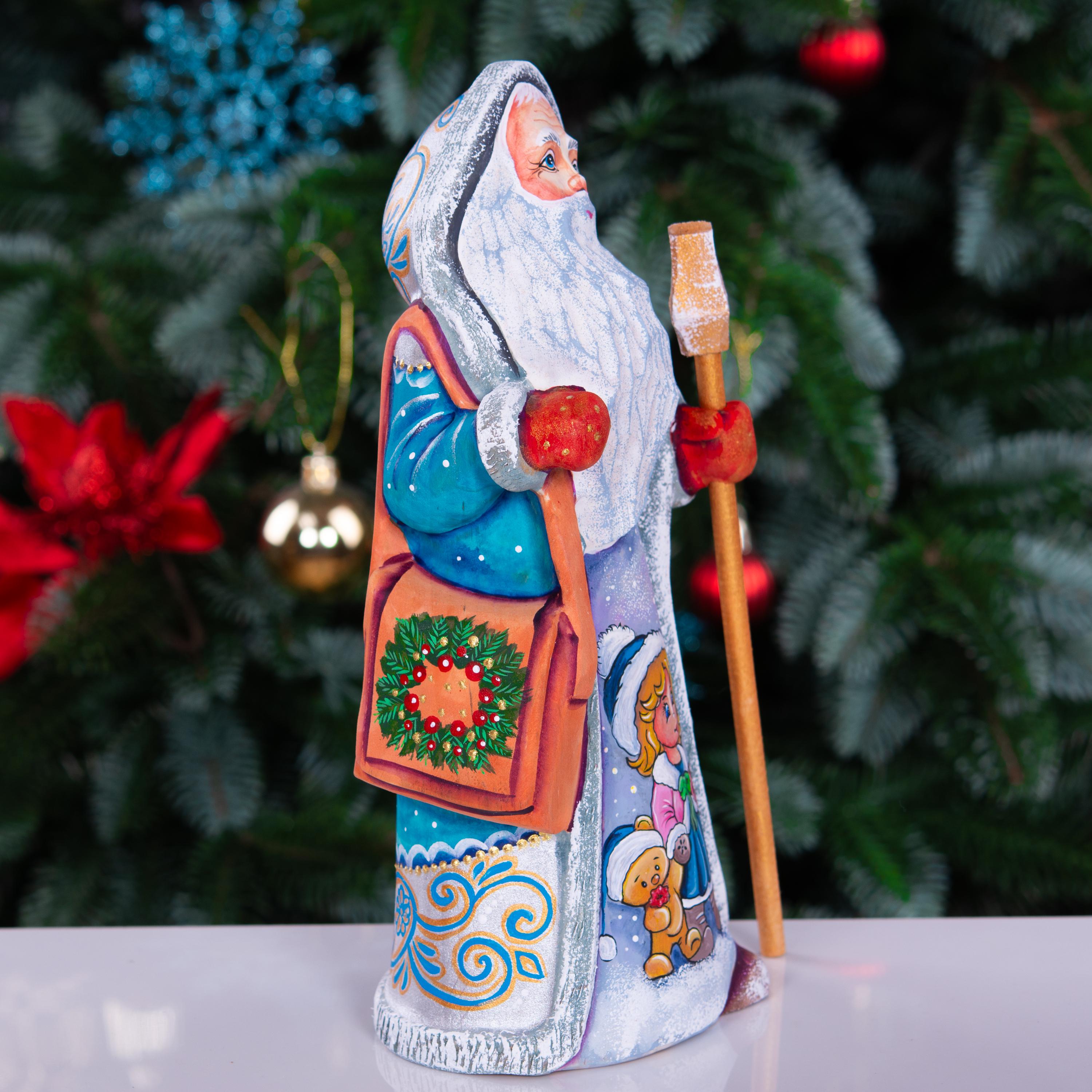 Hand carved Santa statue 9 inch, blue coat, child and teddy