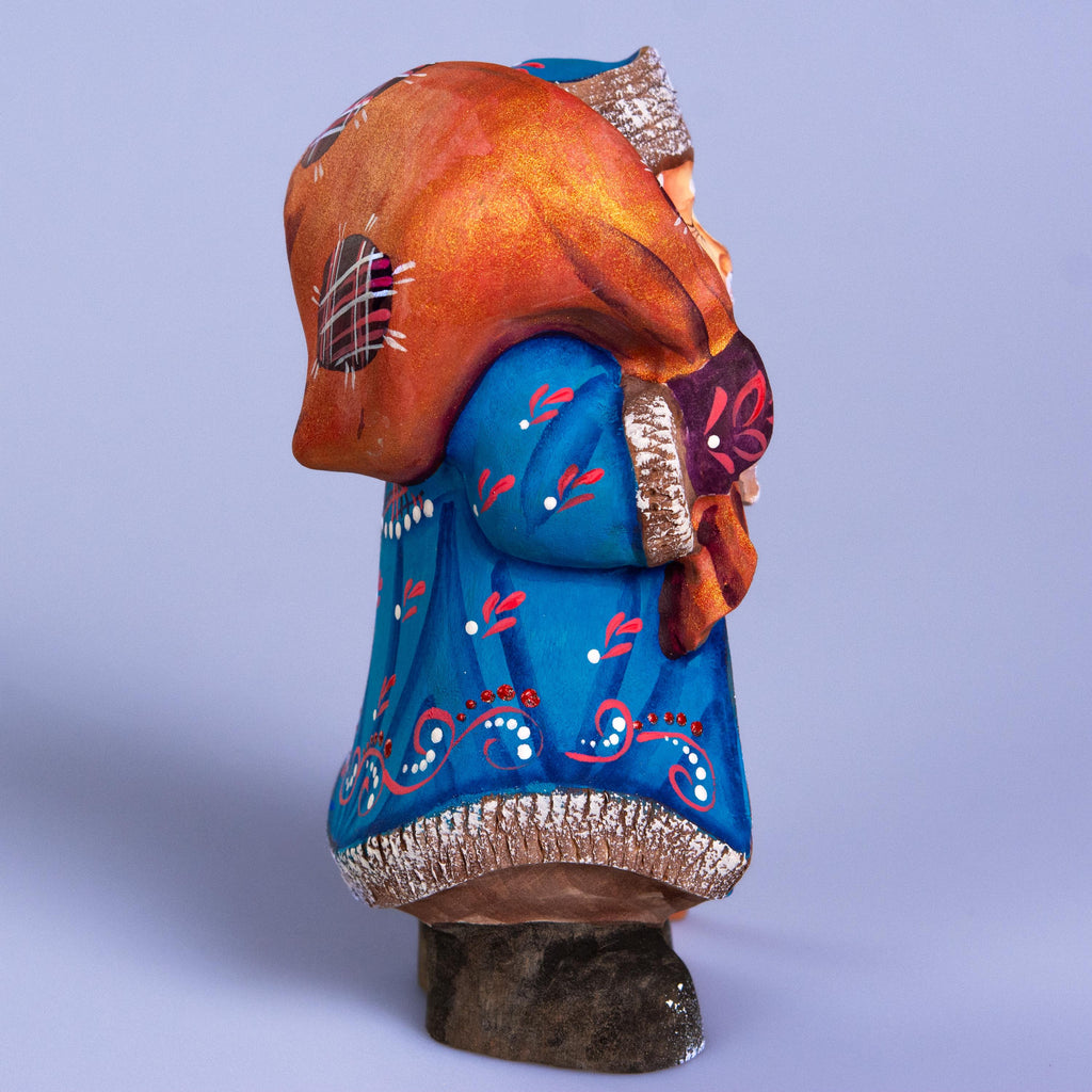 Father Frost Figurine Hand Carved Wood Blue Robe Staff and Sack 6″