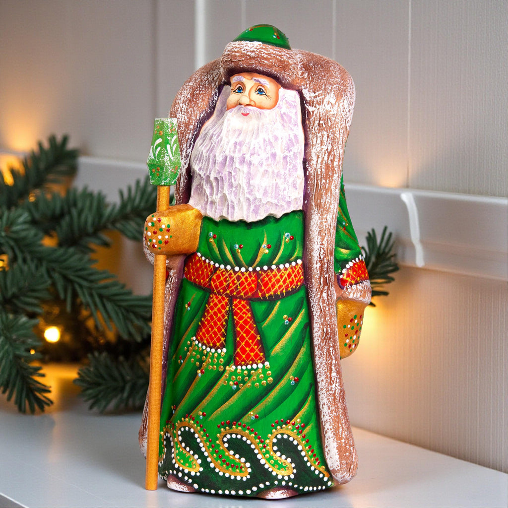 Hand carved Santa wooden figurine 9.5 inch, green coat mantel decor