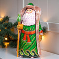 Hand carved Santa wooden figurine 9.5 inch, green coat mantel decor