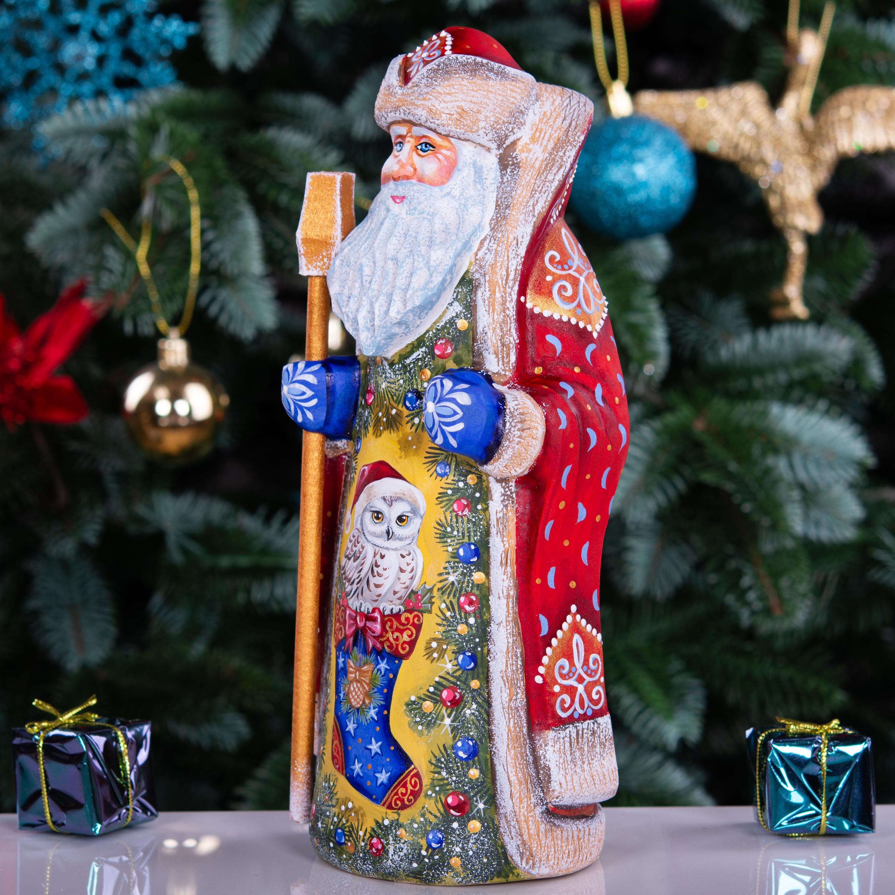 Hand Carved Santa Claus Statue: Owl in Stocking, Rustic Christmas Decor