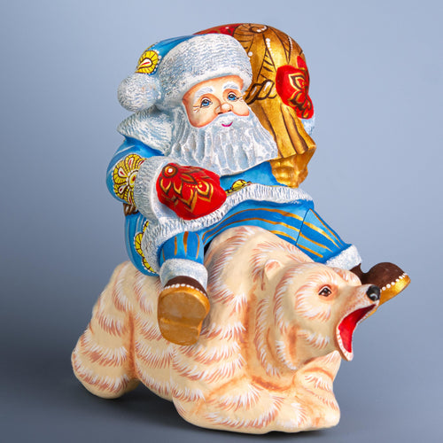 Arctic Santa wooden figurine 8 inch, polar bear ride, Christmas centerpiece