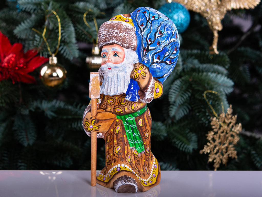 Hand Carved Santa Figurine 8 inch: Rustic Wood Christmas Decor, Forest Scene