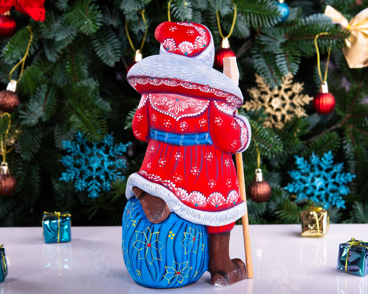 Hand carved wooden Santa figurine 9.4 inch, toy sack and staff, holiday mantel decor