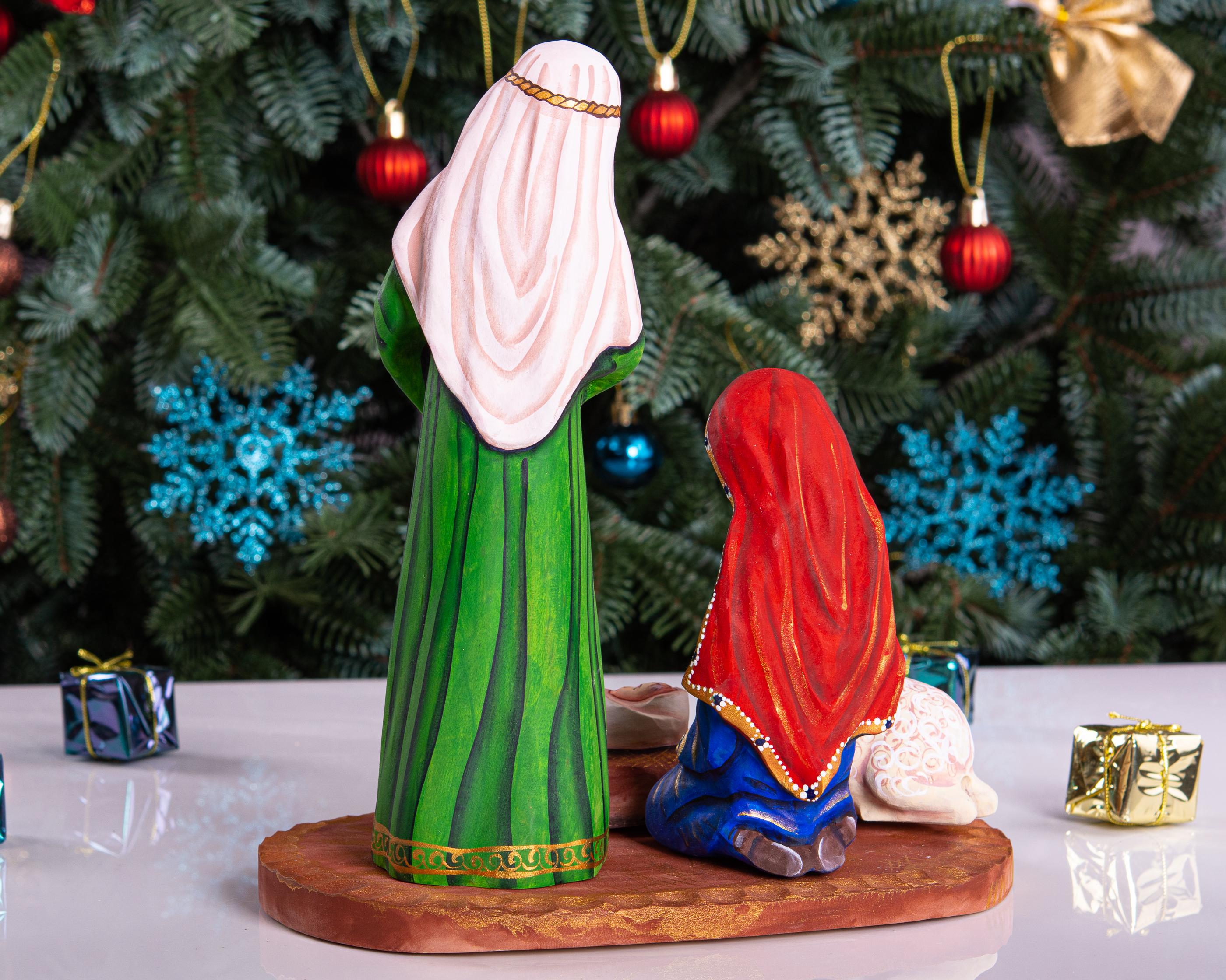 Holy Family Figurine 9.4", Hand Painted Wood, Manger Scene, Christian Mantel Decor