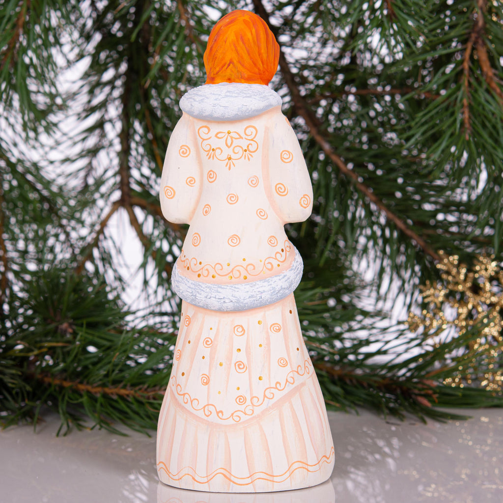 Hand carved Snow Maiden wooden figurine 8.2 inch, winter mantel decor