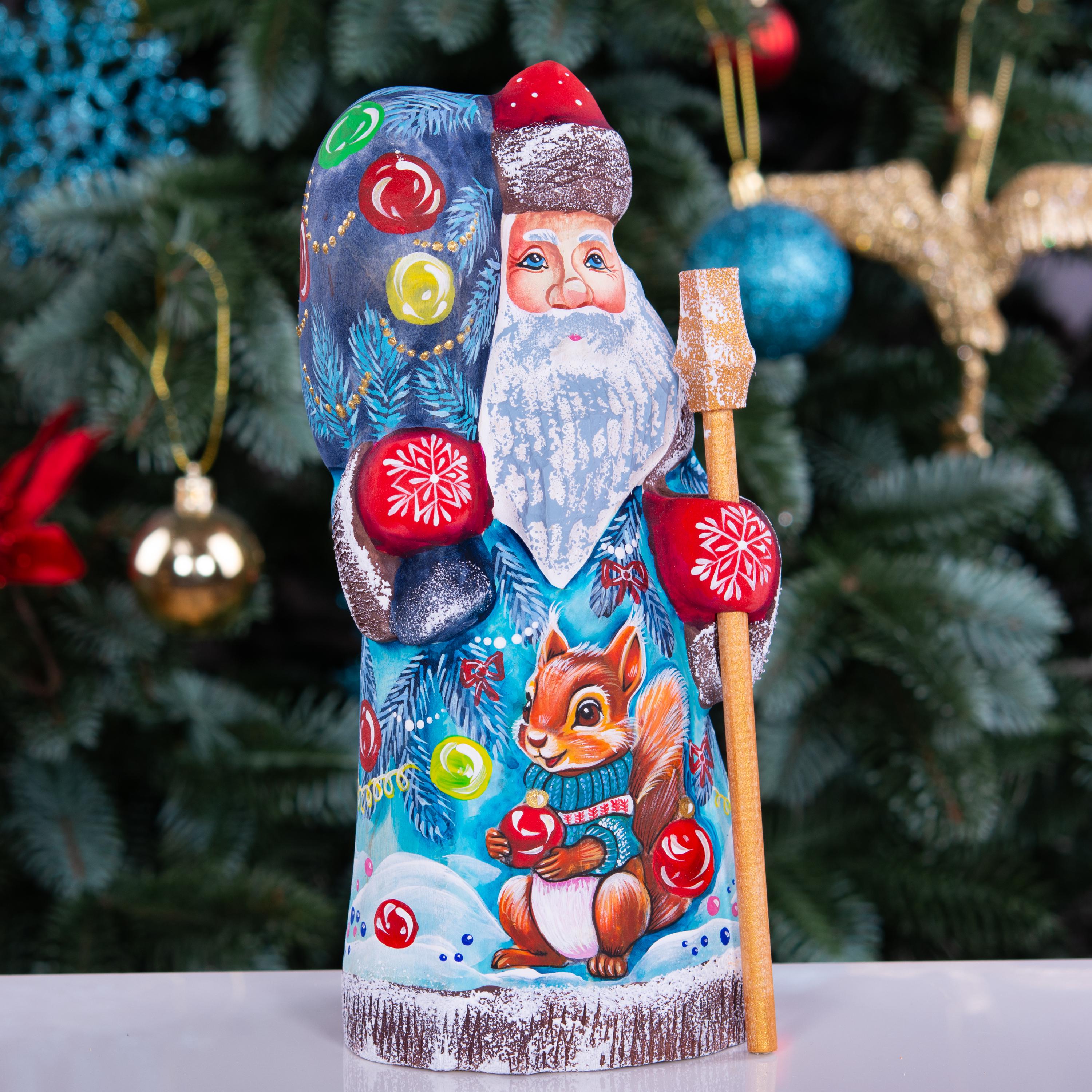 Hand carved Santa wooden figurine 8.3 inch, squirrel in winter forest, Christmas mantel decor