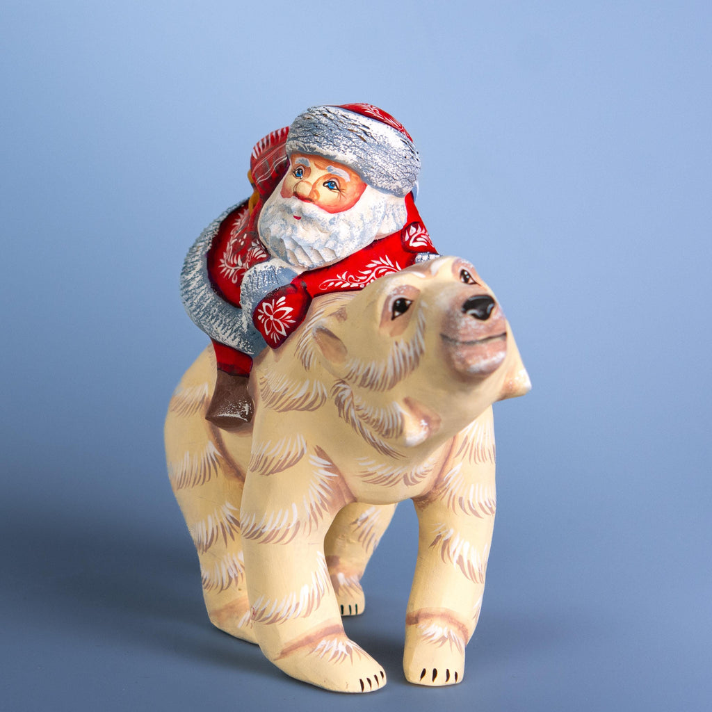 Hand-Carved Wooden Santa Riding Bear Figurine: Christmas Holiday Decor
