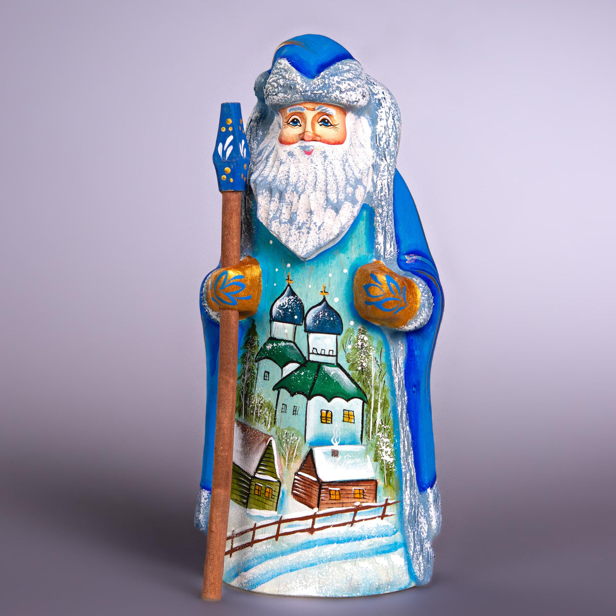 Hand Carved Wooden Santa Figurine: Winter Church Scene, Signed Collectible