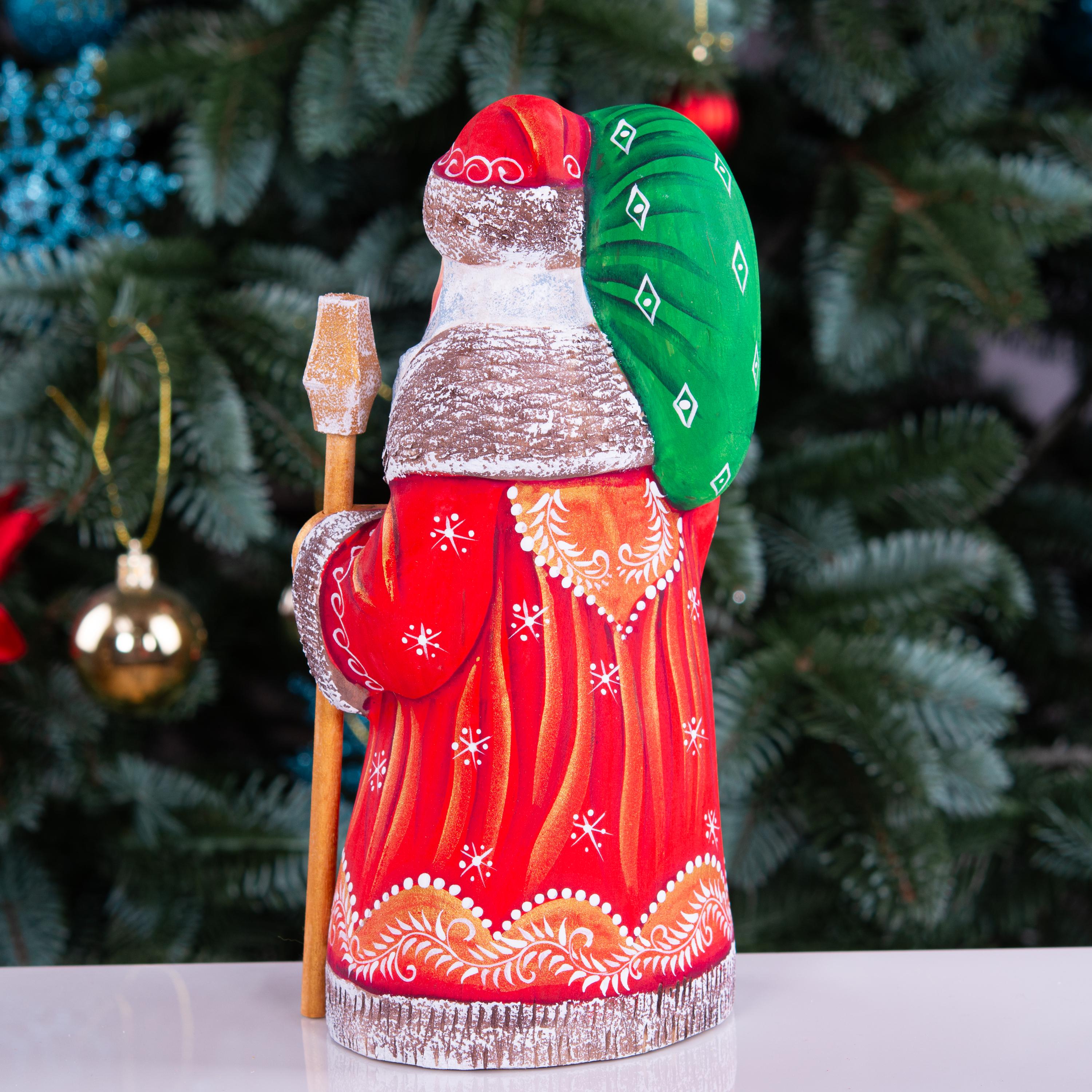Hand carved wooden Santa figurine 8 inch, gift sack, mantel decor