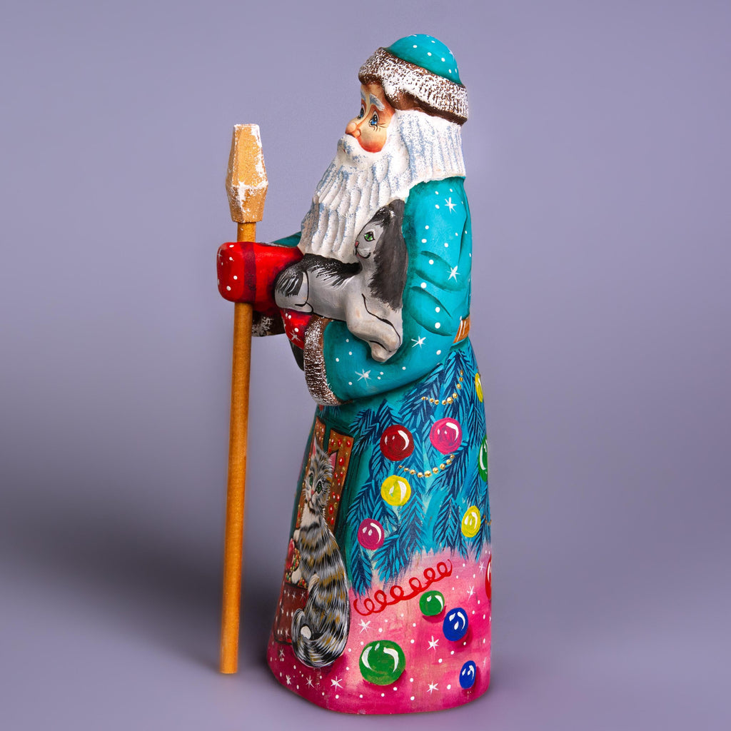 Hand Carved Wooden Santa Claus Figurine with Cat: Signed Folk Art