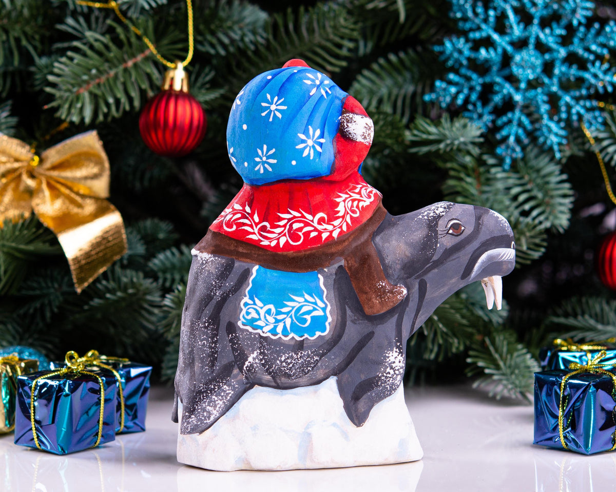 Hand Carved Wooden Santa Claus on Walrus - Christmas Figurine