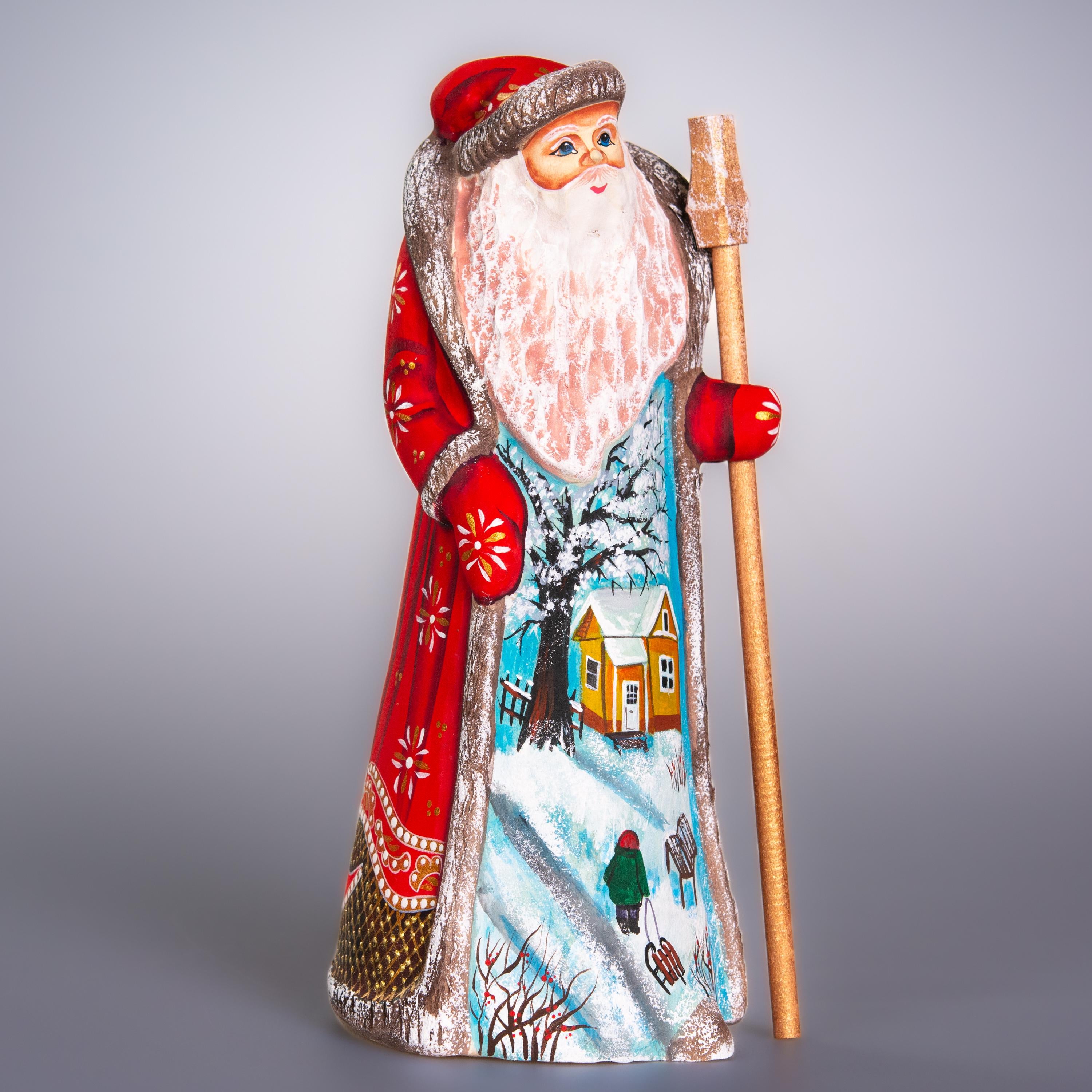 Hand Carved Wooden Santa Figurine, Winter Cottage Scene