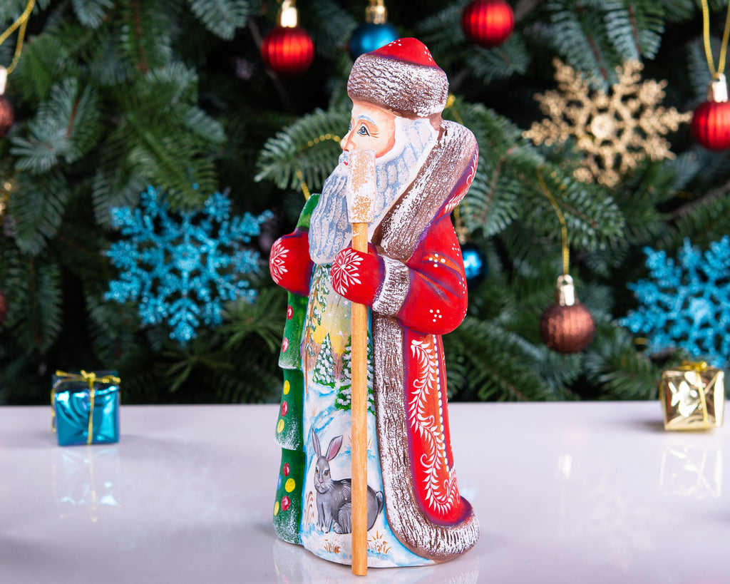 Collectible woodland Santa wood figure 8 inch, bunny by tree, cabin Christmas display