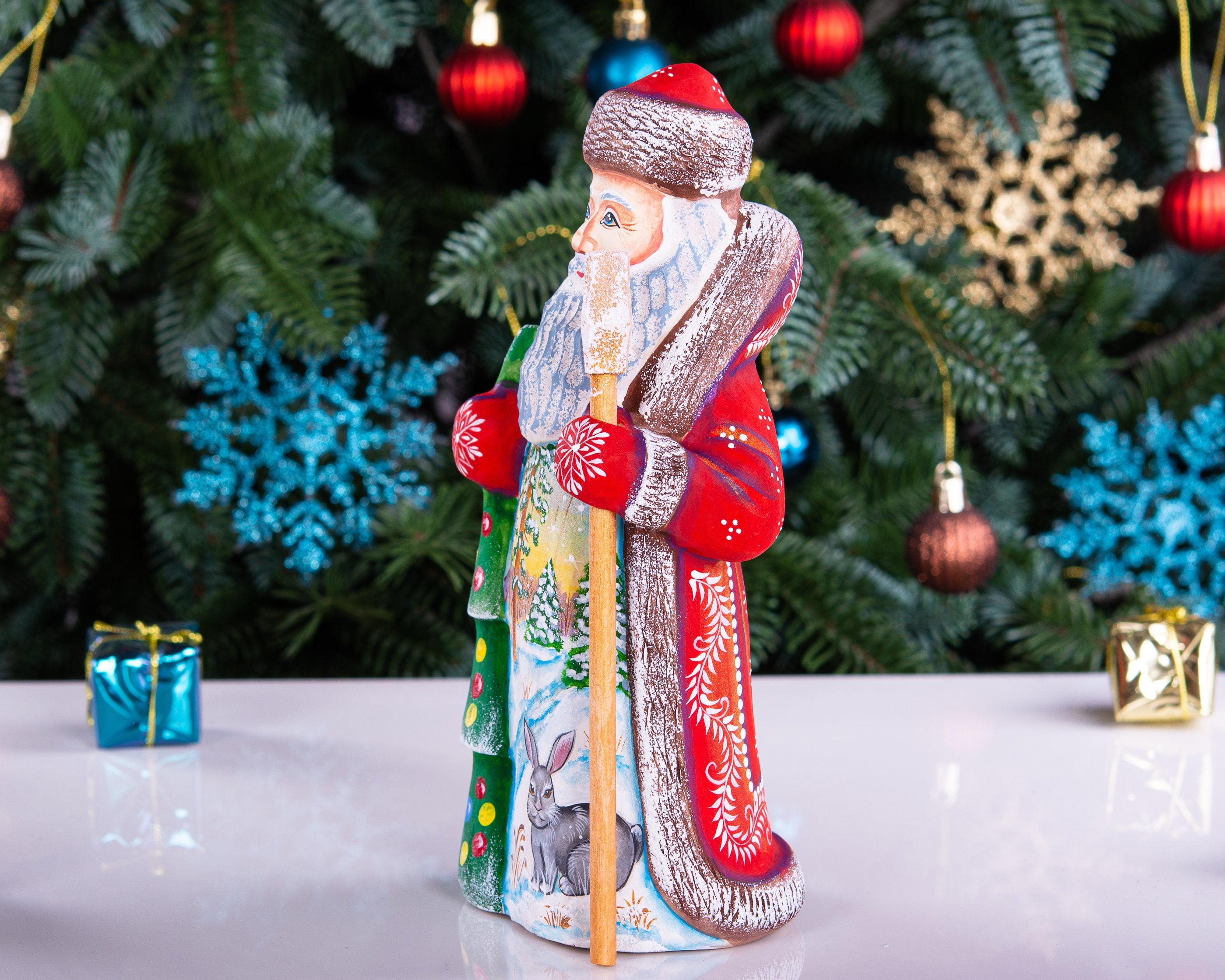 Collectible woodland Santa wood figure 8 inch, bunny by tree, cabin Christmas display