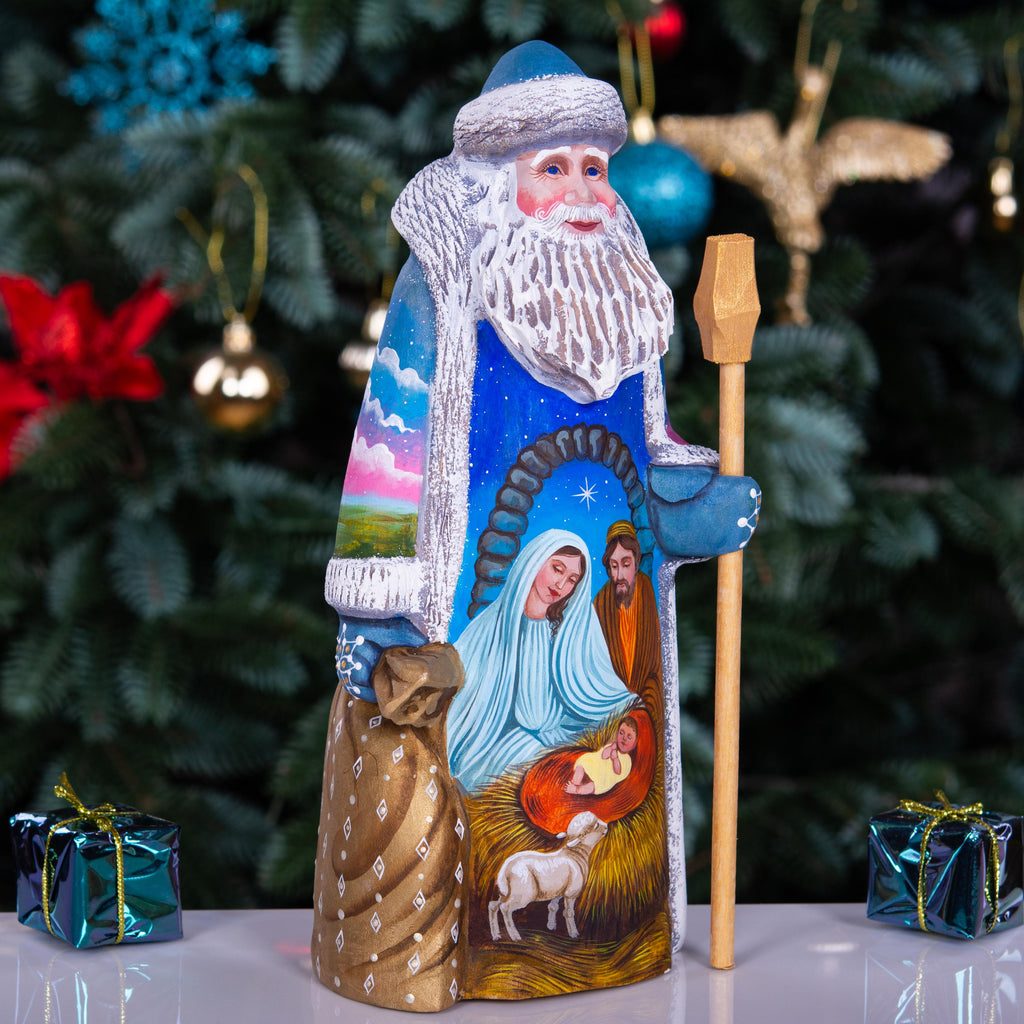Old World Santa wooden figurine 9 inch, Holy Family manger, mantel decor