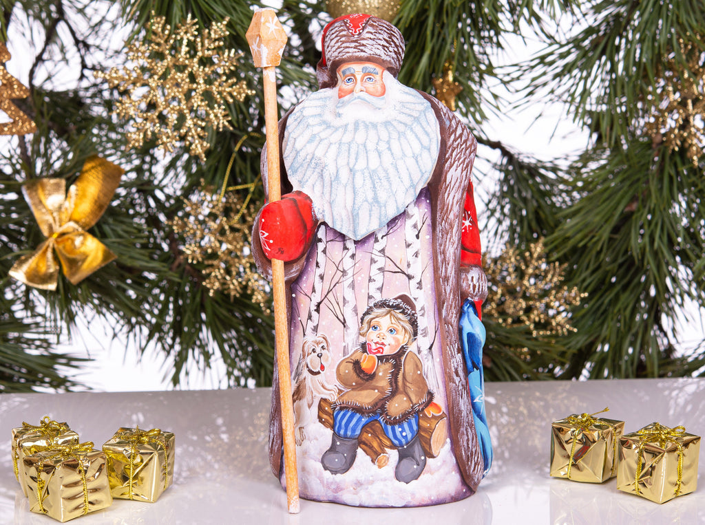 Hand Carved Wood Santa Figurine 9 inch: Child, Dog, Winter Scene
