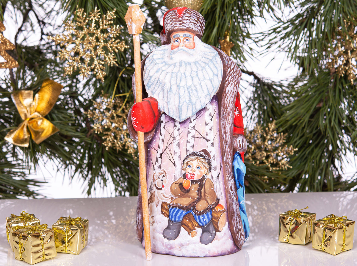 Hand Carved Wood Santa Figurine 9 inch: Child, Dog, Winter Scene