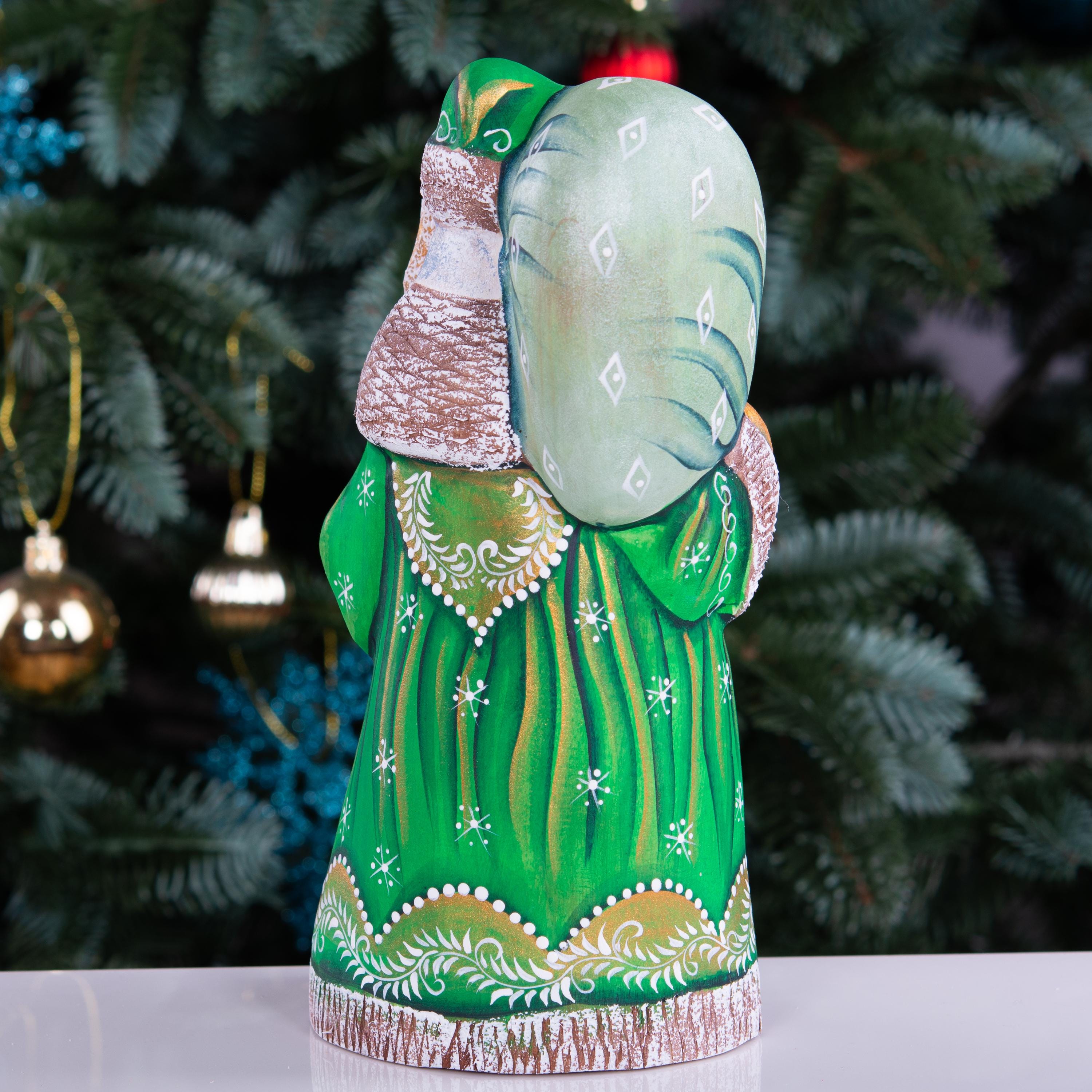Hand carved Santa wooden figurine 8.3 inch, staff and sack