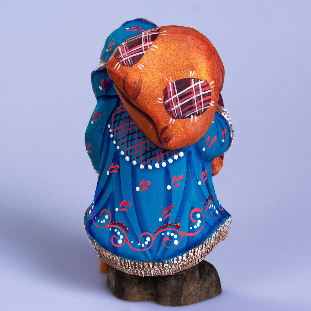 Father Frost Figurine Hand Carved Wood Blue Robe Staff and Sack 6″
