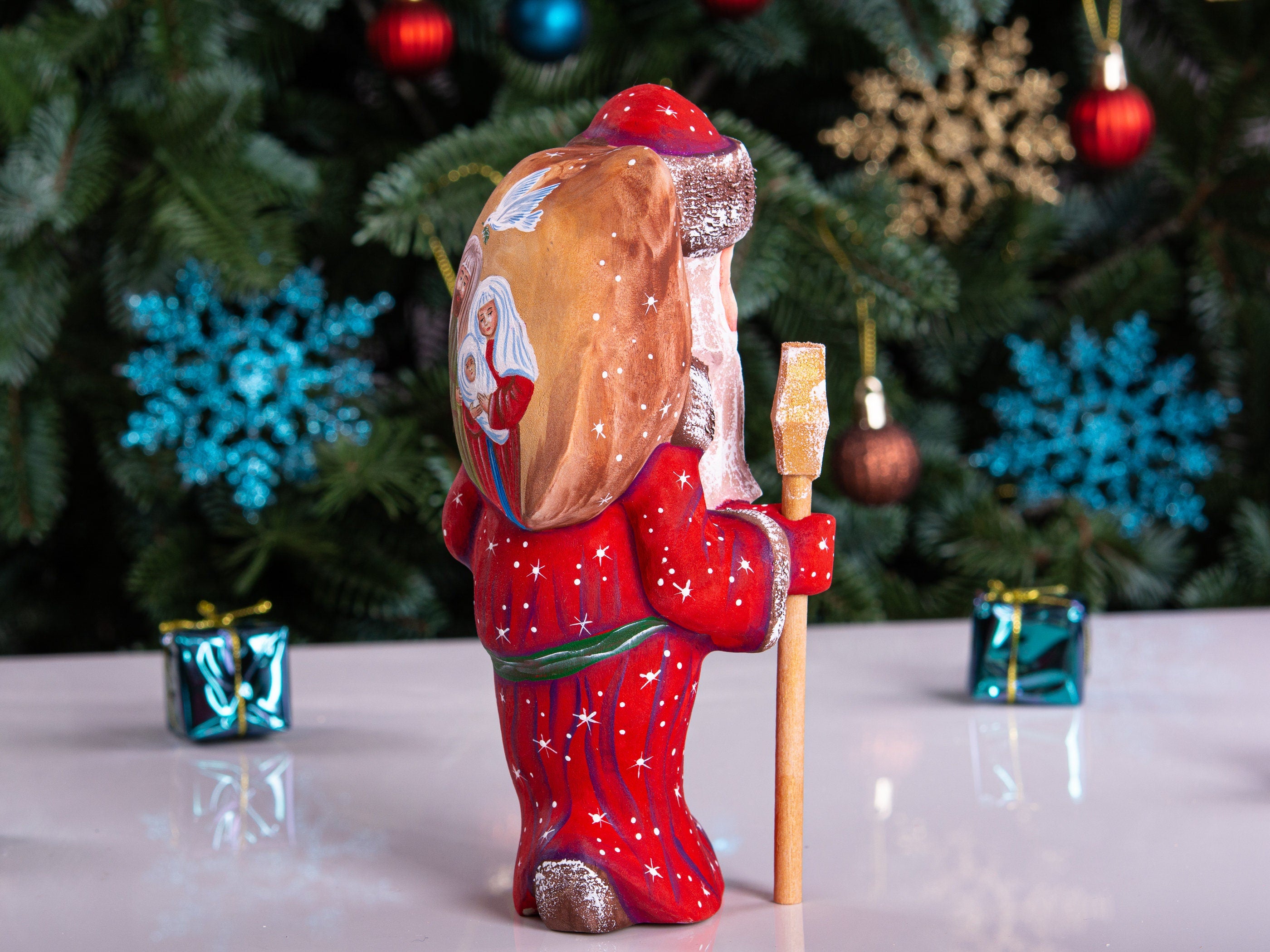 Hand carved Santa wooden figurine 7 inch, Holy Family scene