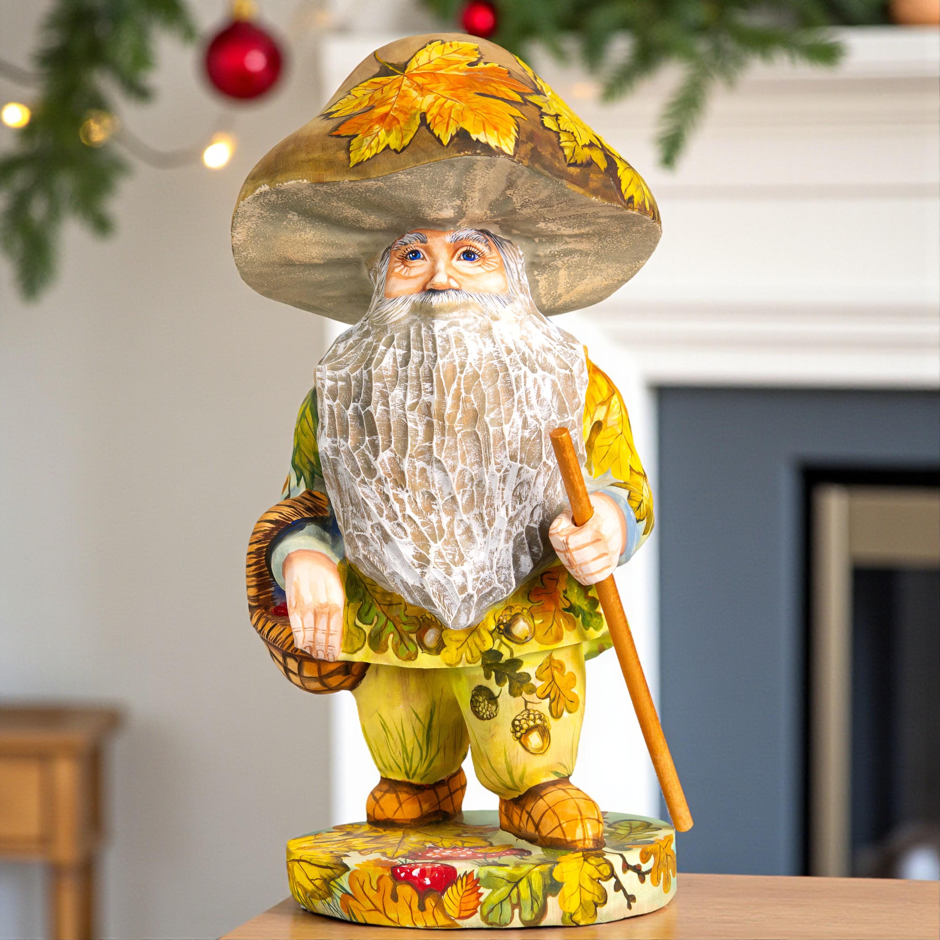 Mushroom gnome wood carving 11 inch, oak leaves, tabletop decor