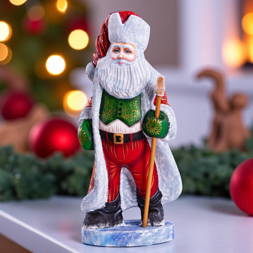 Grand Santa Claus wood statue, red coat mantel centerpiece, 12.2 inch