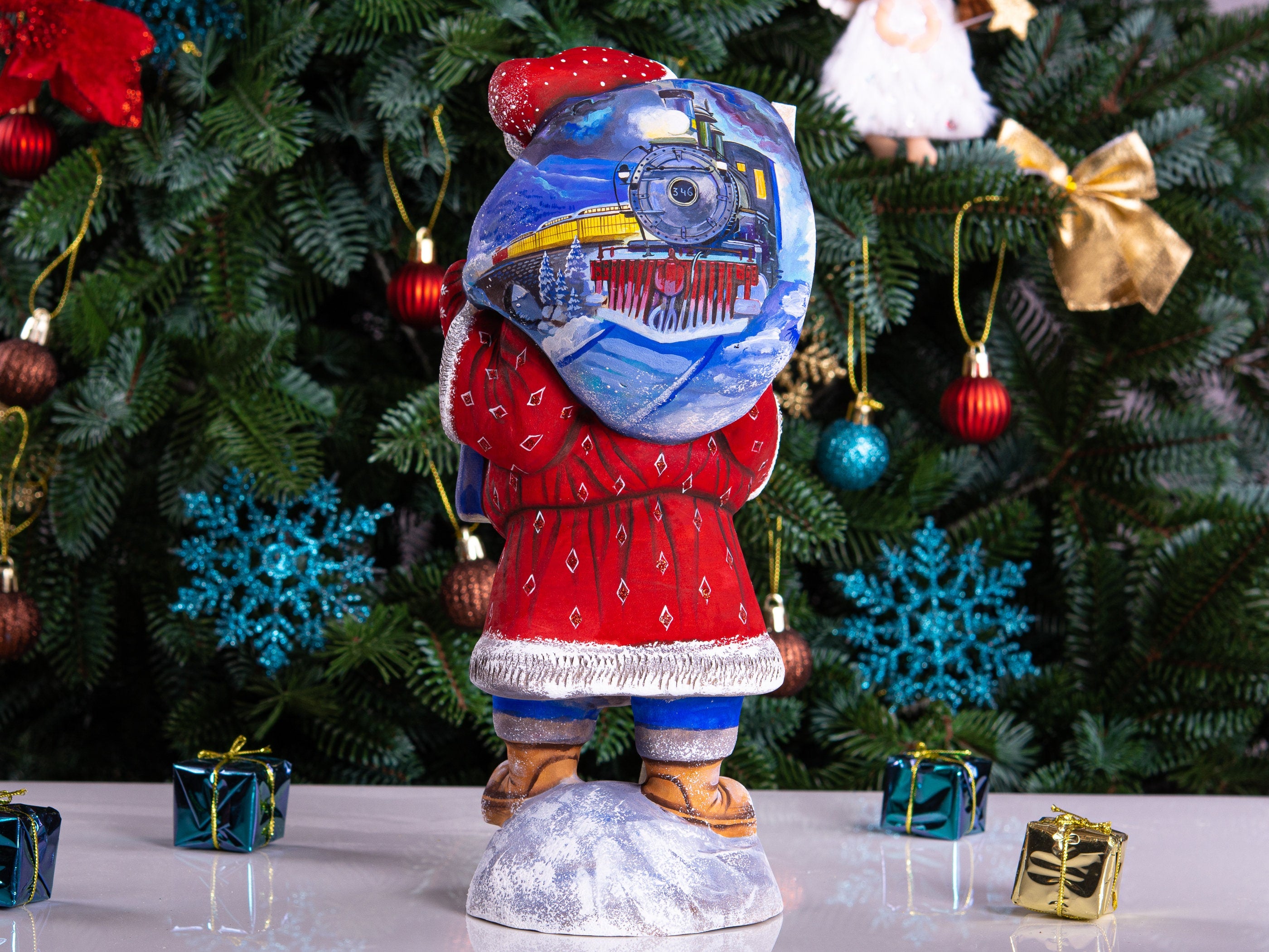 Hand carved Santa wooden figurine 11 inch, steam train scene