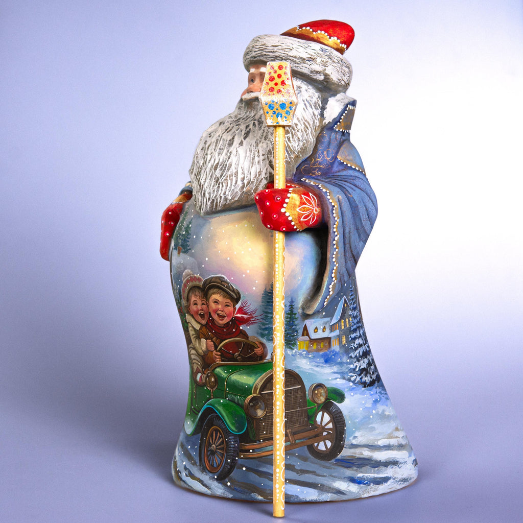 Hand Carved Wooden Santa Statue 14", Children in Green Car, Old World
